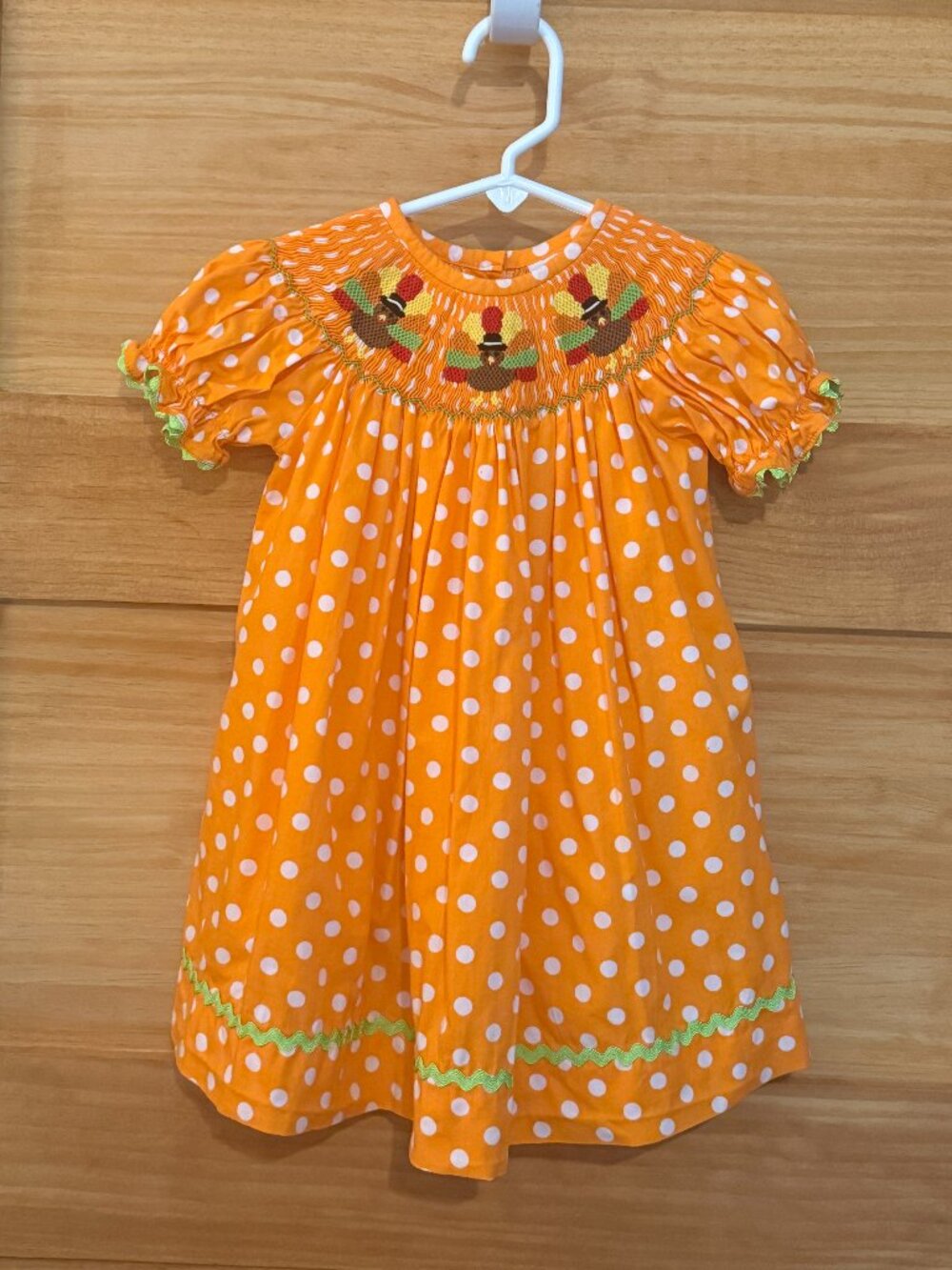 Smocked Auctions Thanksgiving Turkey Orange Polka Dot Smocked Dress Girls 12m